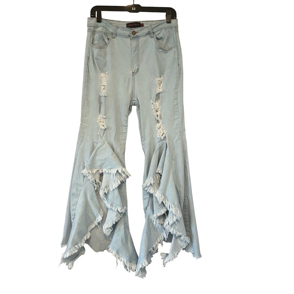 Purple Candy Unique Denim High Rise Extreme Distressed Flares Light Wash, Sz XL